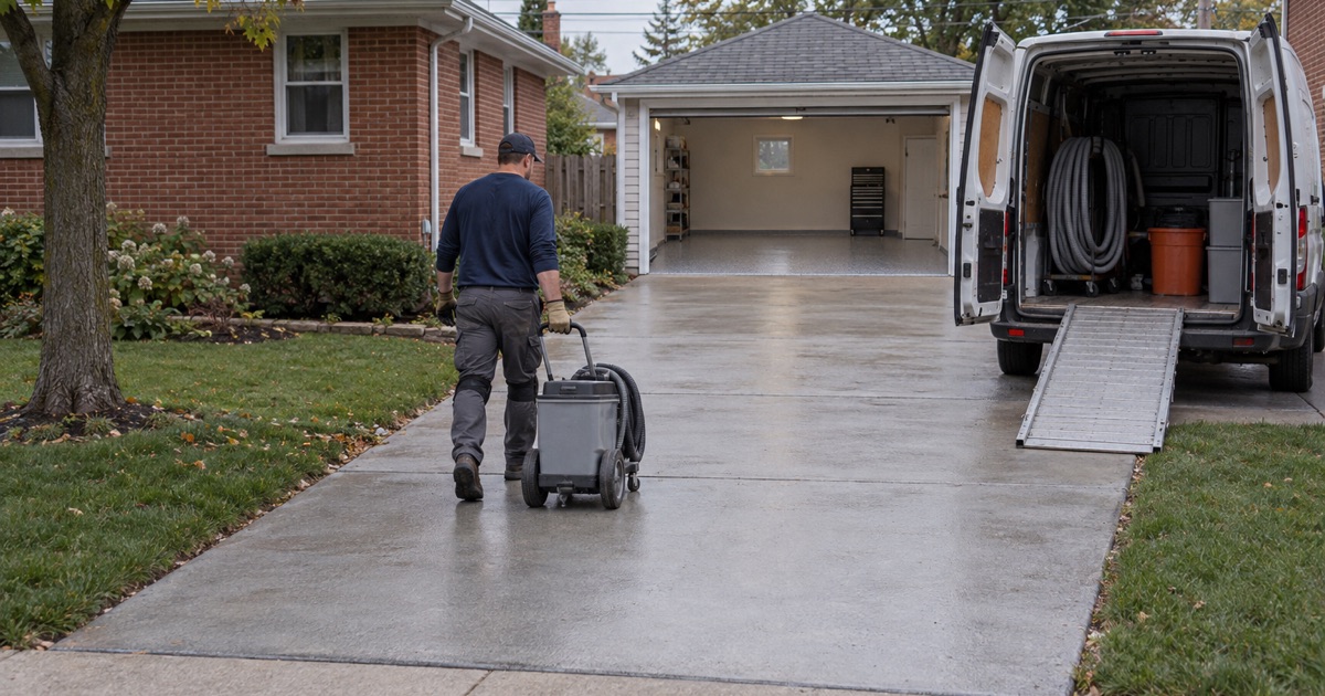 The dust extractor wheeled down an Oak Lawn side driveway to the van at the end of a garage floor job.