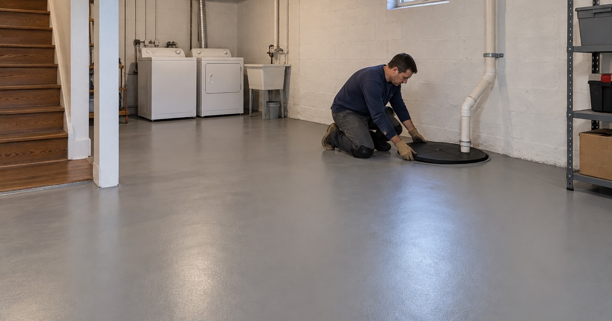 The sump lid set back on its basin in an Oak Lawn basement newly coated in warm gray epoxy.