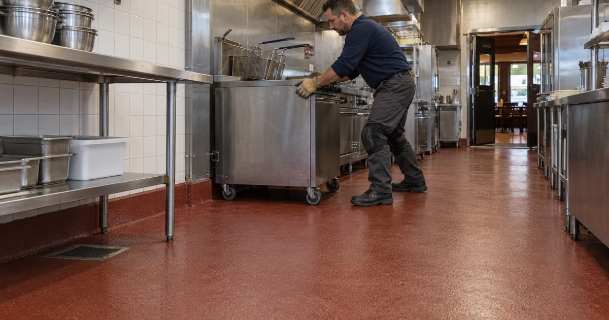 A fryer rolled back into line on a textured urethane cement floor in an Oak Lawn restaurant kitchen.