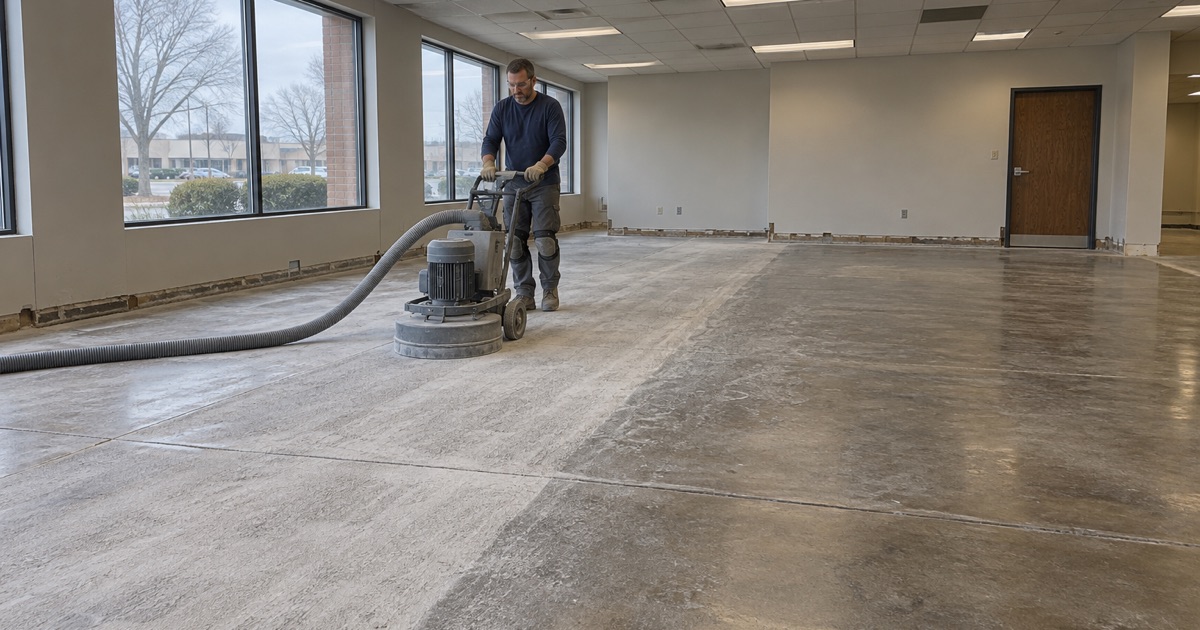A planetary grinder opening up an old sealed slab in a vacant medical office suite in Oak Lawn.