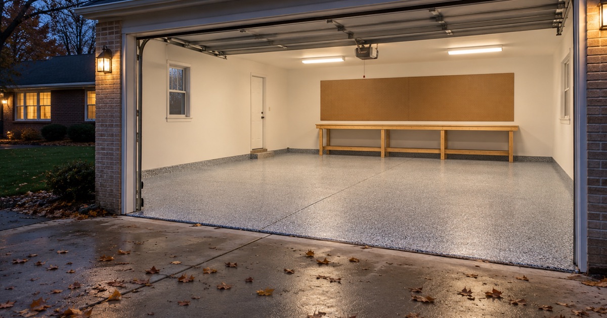 An empty, finished flake floor in an Oak Lawn detached garage at dusk, handed back with the door open to the driveway.