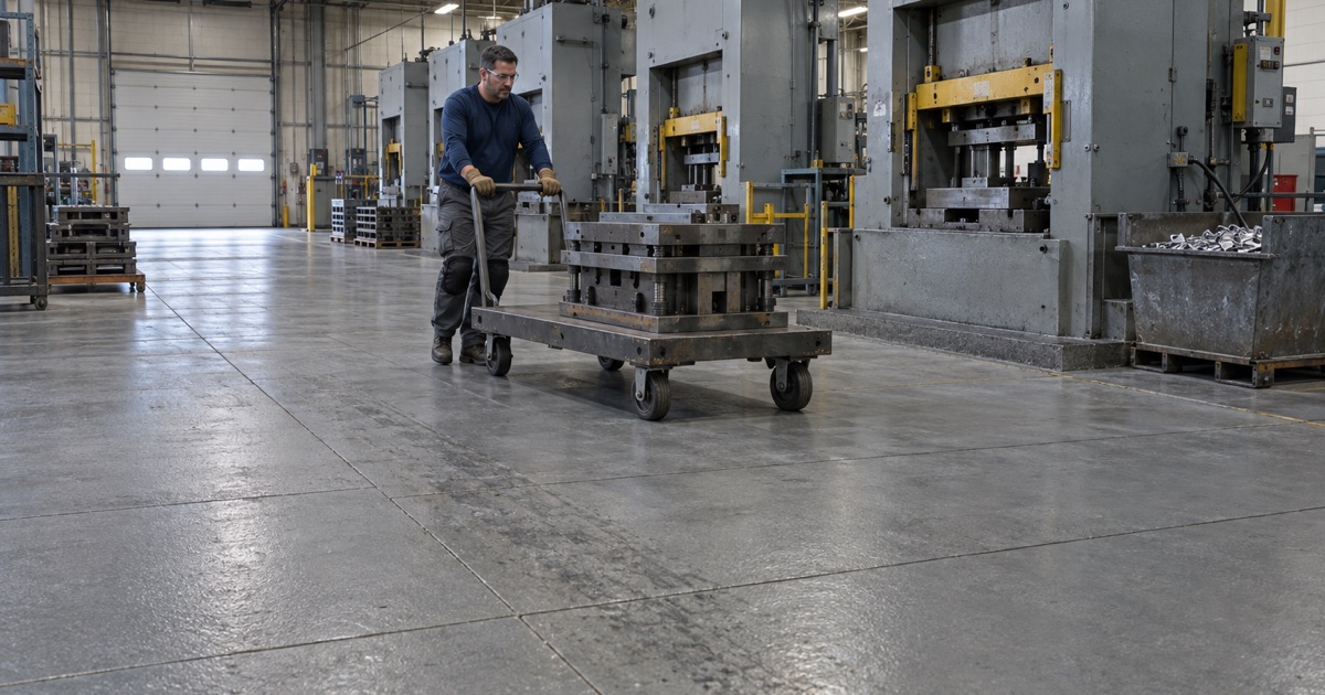 A die cart rolled across a hard-wearing press room floor in a Bellwood stamping plant.