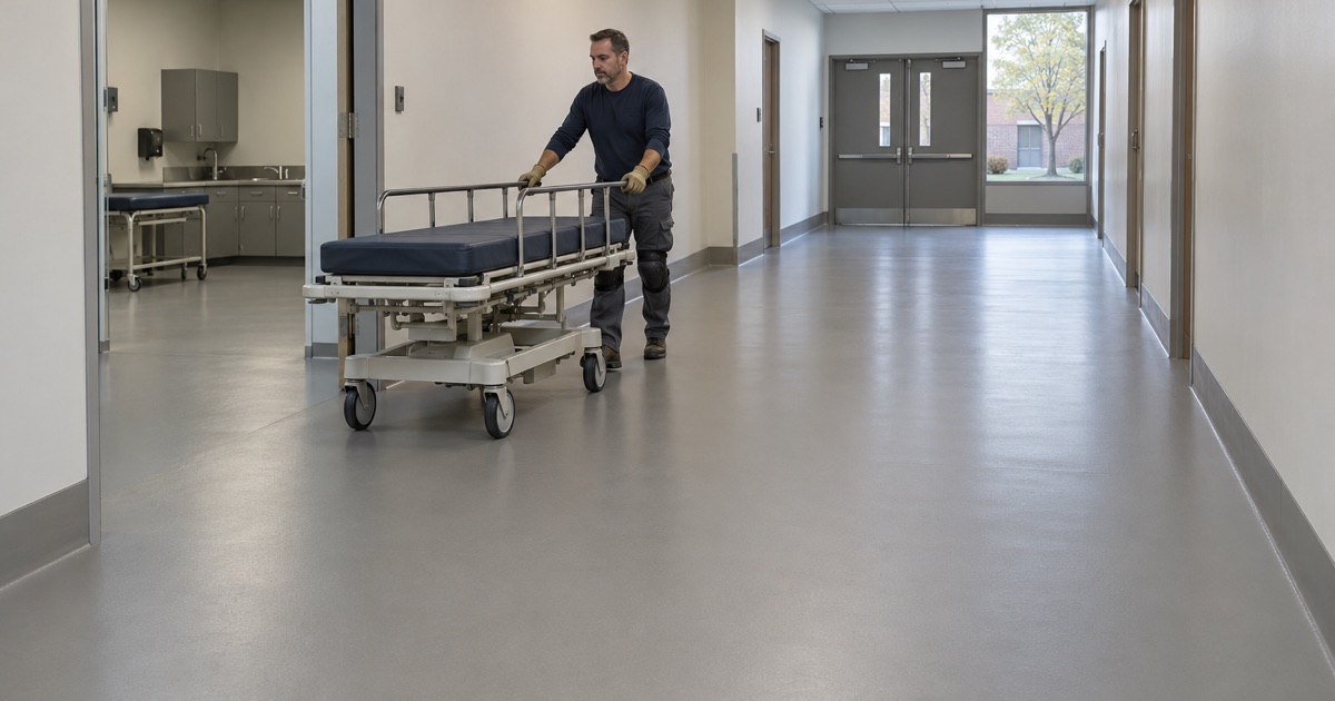A solid, matte, low-contrast corridor floor in a Bridgeview memory care building