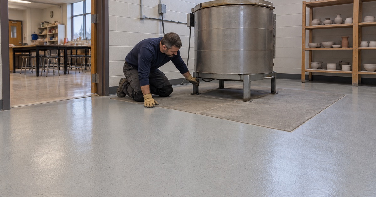 The coating stopped at the bare masonry kiln pad in a Brookfield middle school kiln room.