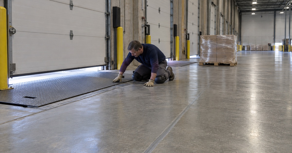 A newly filled joint at a dock door inside a cross-dock warehouse in Country Club Hills.