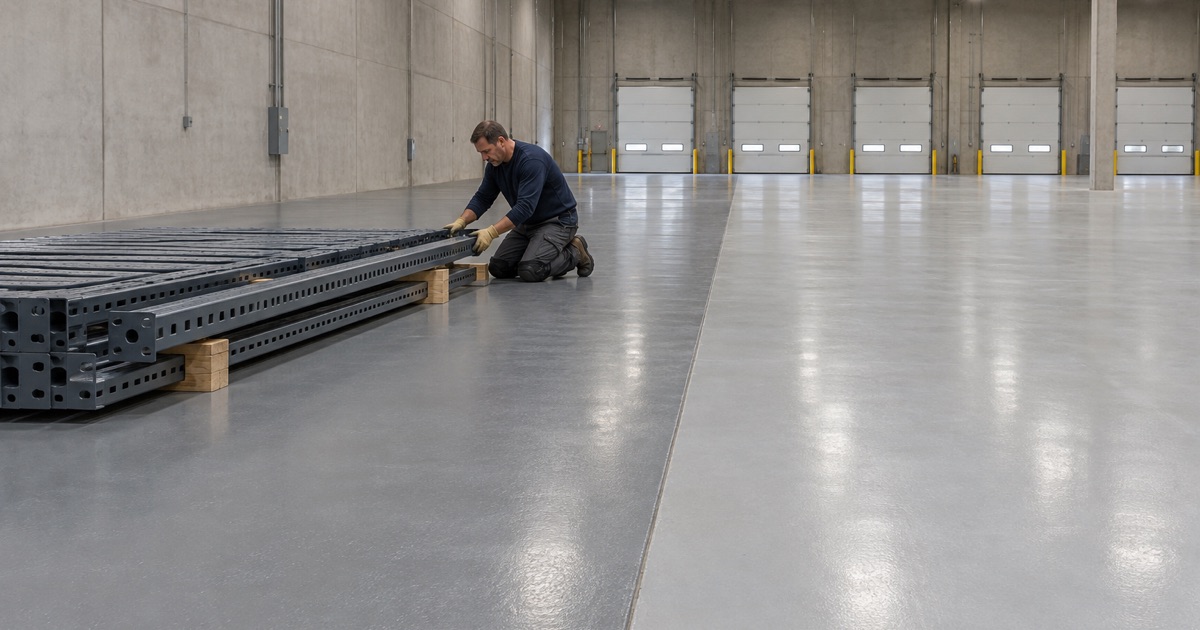 An empty Forest Park industrial building coated in zones before its racking is installed.