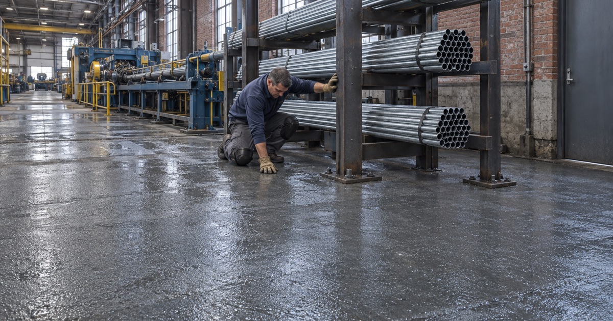 A textured, coolant-filmed floor tested for grip beside a tube rack in a Harvey steel-tube mill.