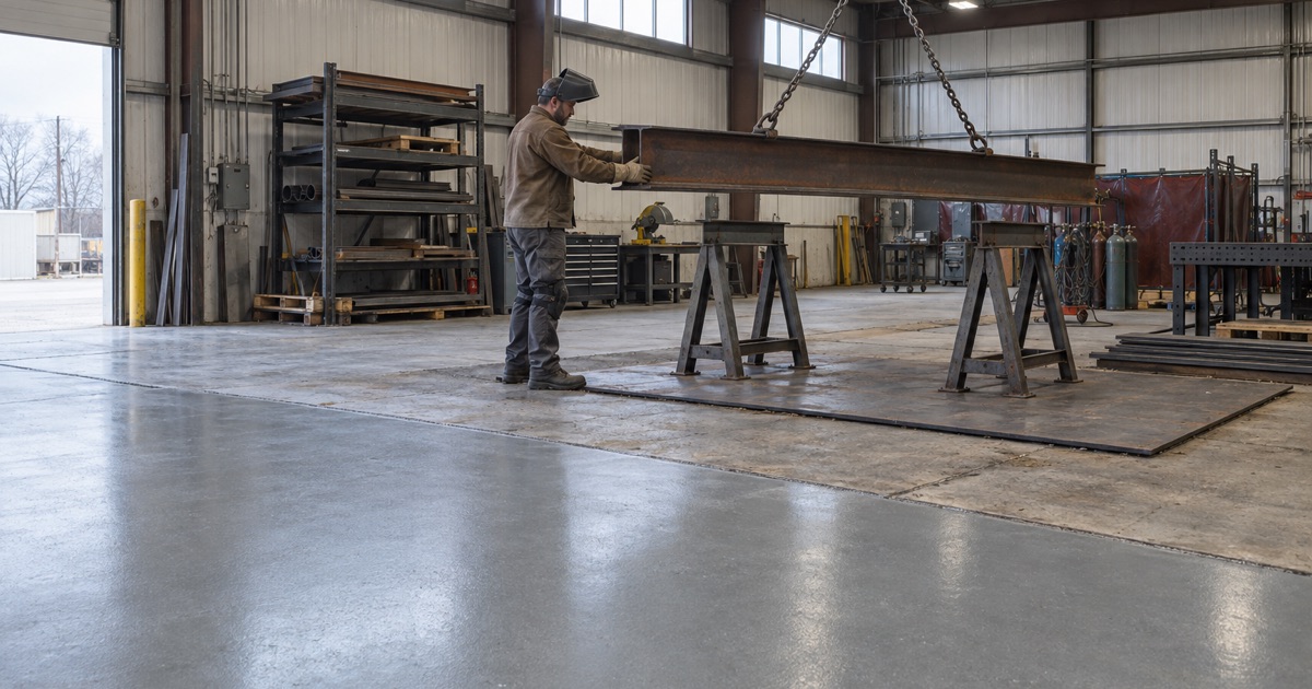 A coated aisle stopping at the bare concrete weld bay in a Hazel Crest fabrication shop.
