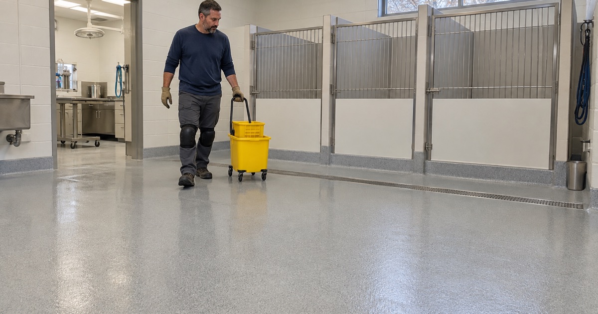 A textured, slip-resistant ward floor for patients on claws in a Hickory Hills animal clinic