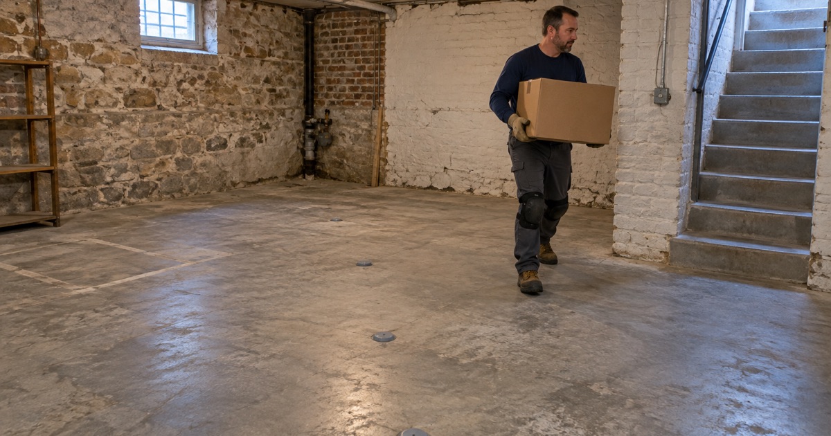 Relative humidity probe sleeves capped in the slab of a below-grade storage room in Hinsdale.