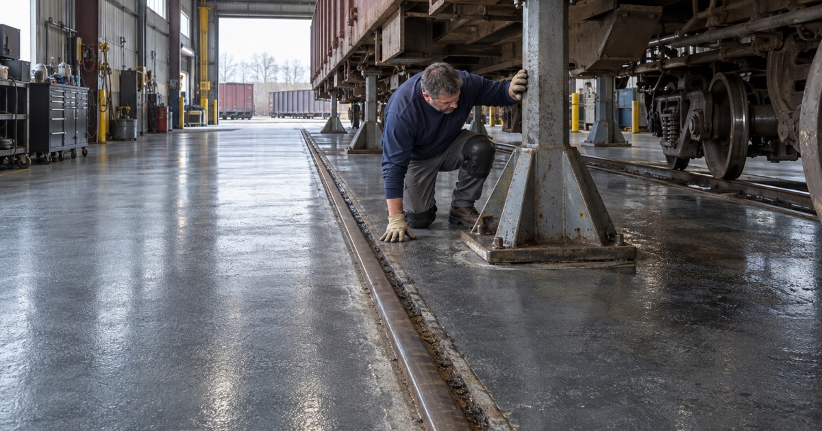 A coated floor checked under a jack stand in a Homewood railroad mechanical shop.