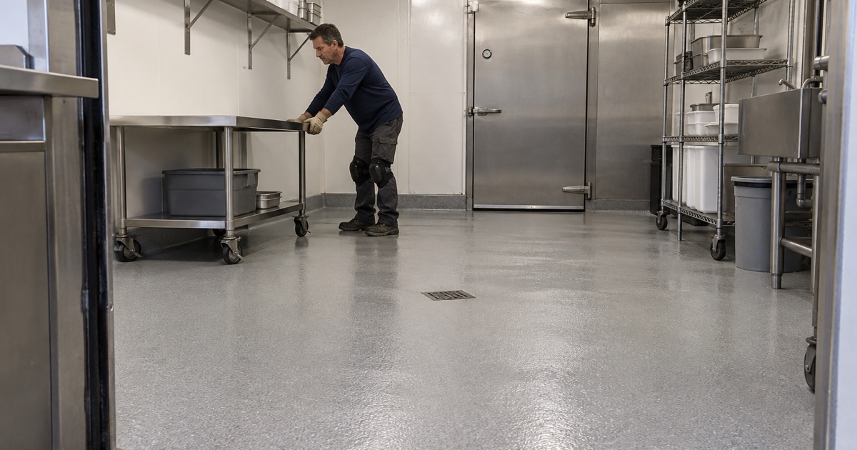 A coved floor graded to its drain in the meat room of a Justice market