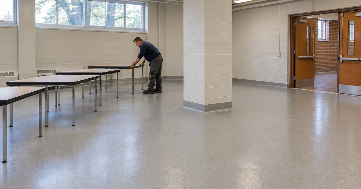 A La Grange school basement gym turned lunchroom, the new floor coved around its center column
