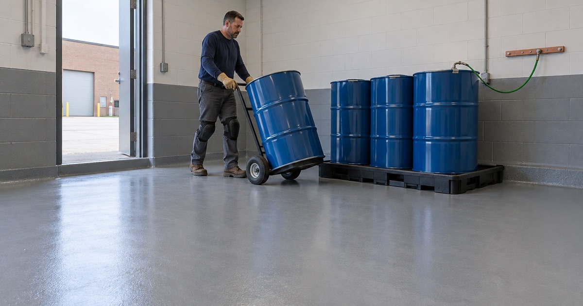 A coved, curbed floor in a Lemont fluids filling room where coolant and brake fluid spills are rinsed the same day
