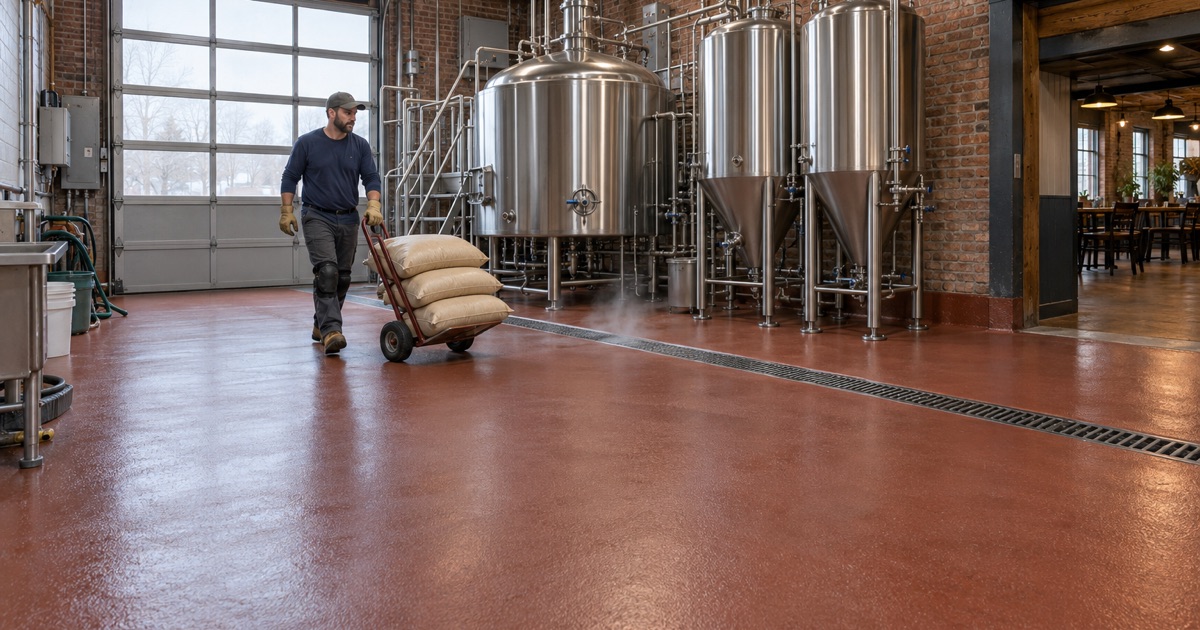 A sack of malt wheeled across a thermal-shock-rated floor in a Lyons brewhouse.
