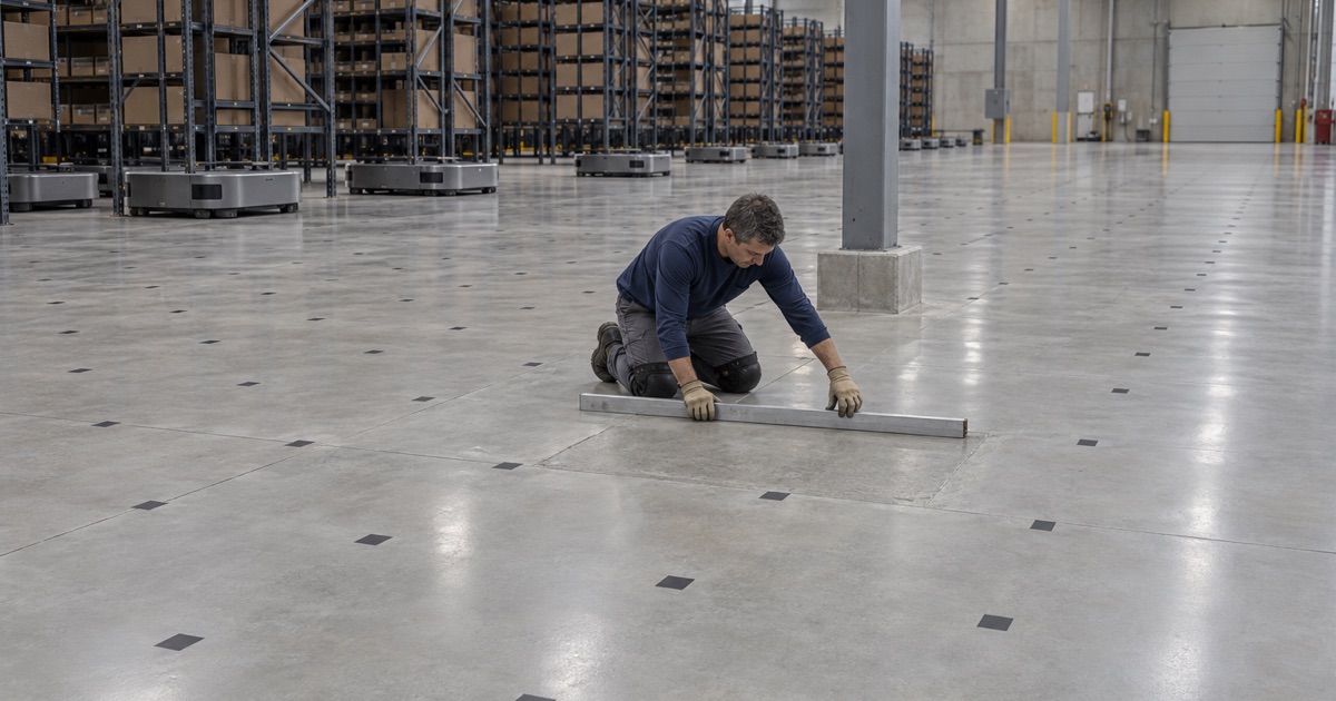 A repaired patch checked for flatness among the floor markers of a robotics fulfillment warehouse in Markham.