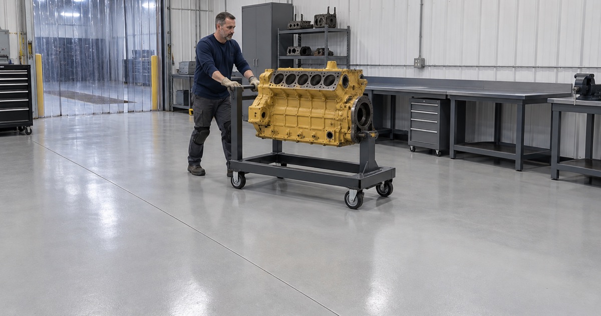An engine on its stand rolled across a clean, sealed rebuild-shop floor in Mokena.