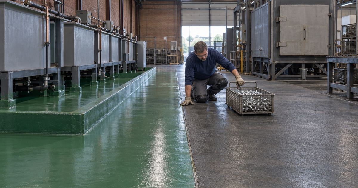 The joint between a plating-line containment lining and a heat-treat floor in a Riverdale fastener plant.