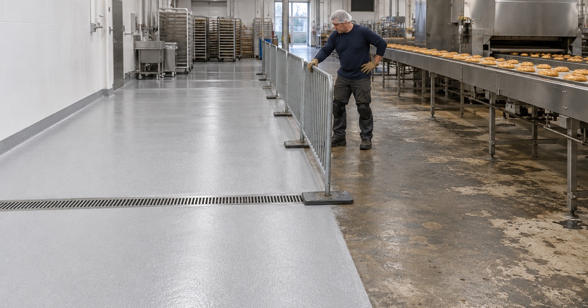 A barricaded zone of new floor beside a running production line in a Summit bakery.