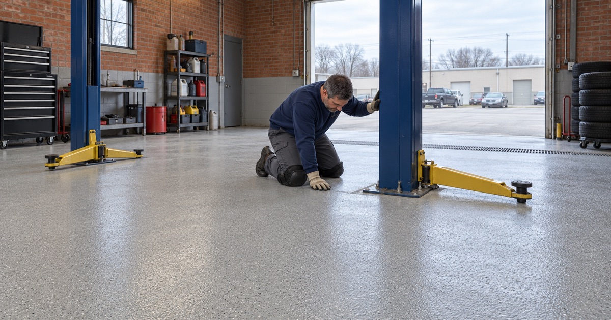 A Westchester repair bay coating laid around the two-post lift base plates, never under them