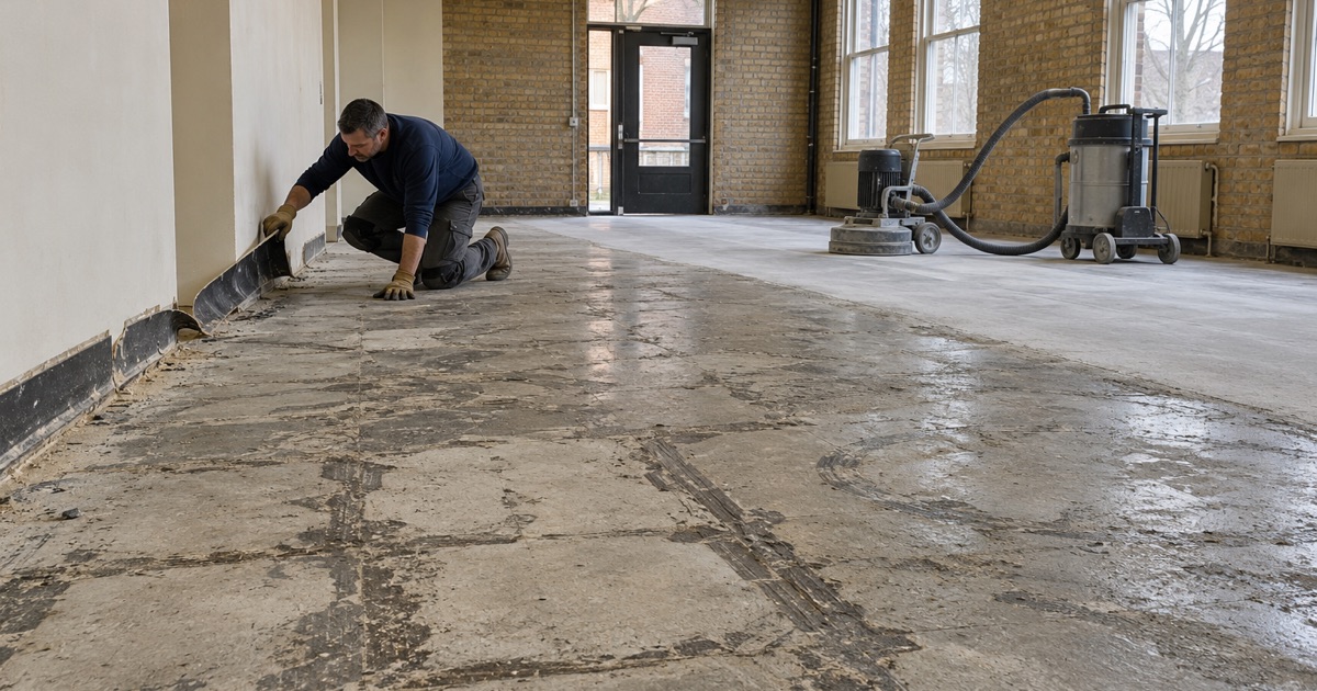 Old adhesive ground off a Western Springs public building slab after the flooring and wall base came out