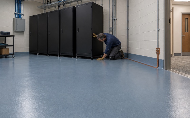 A static-dissipative floor with its copper grounding strip under an equipment rack in an Oak Lawn medical office building.