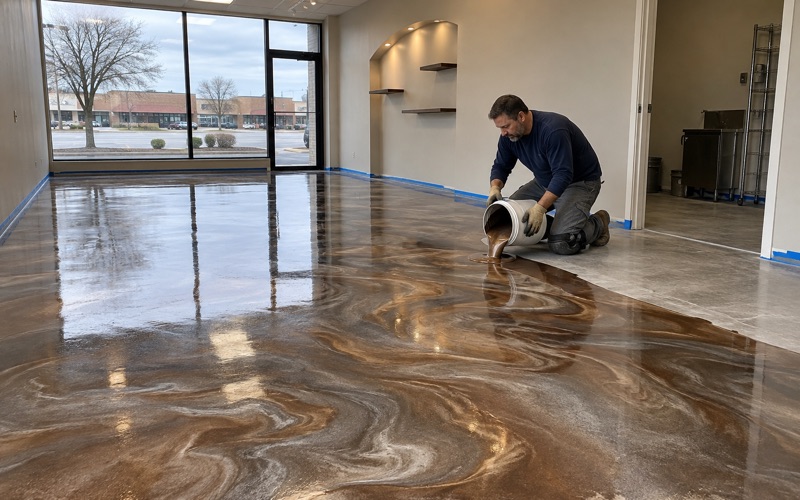 Silver and deep bronze metallic epoxy poured across the floor of a small salon suite in Oak Lawn.