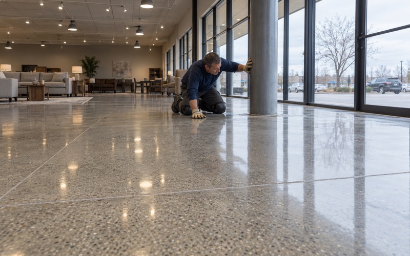 A polished concrete floor checked for clarity in a furniture showroom on an Oak Lawn commercial strip.