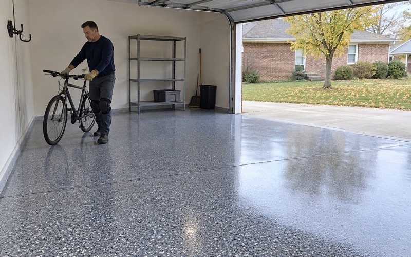 A bicycle wheeled back into an Oak Lawn detached garage the same day its polyaspartic floor went down.